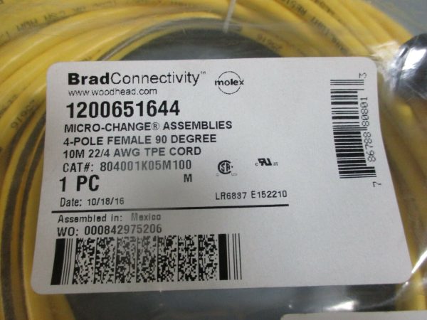 WoodHead BradConnecticity 1200651644 4P Female 90° 10M Cord 804001K05M100 Online Sale - Image 5
