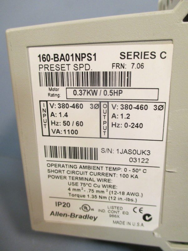 Allen-Bradley Variable Speed Drive 0.37KW 0.5HP FRN 7.06 SER. C 160-BA01NPS1 For Sale - Image 3