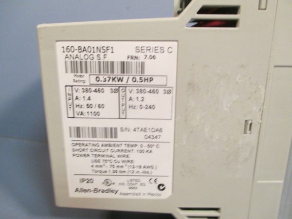 Allen Bradley SSC Drive, Analog S.F. 0.5 HP FRN: 7.06 SER C 160-BA01NSF1 For Sale - Image 3