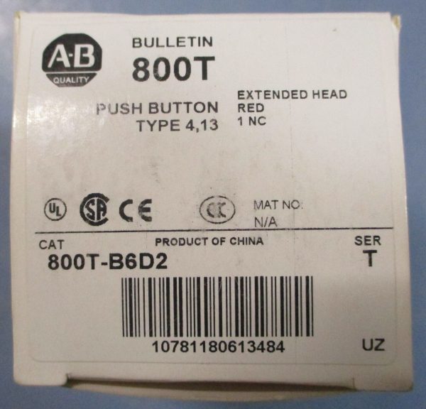Allen Bradley 800T-B6D2 Ser T Red Extended Head Push Button Type 4, 13 Sale - Image 2