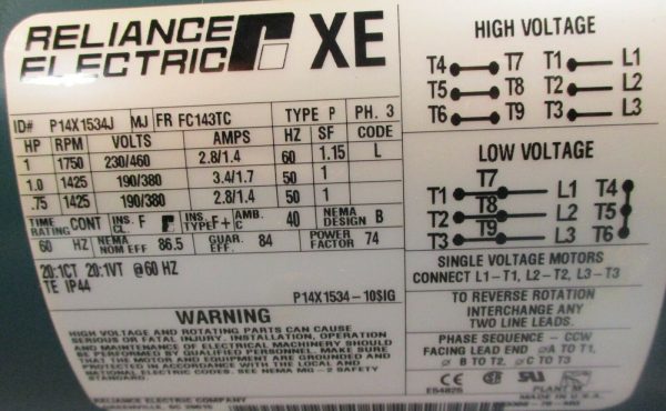 Reliance XE P14X1534J Motor 3 Phase, 1 HP, 1750 RPM, Frame FC143TC Cheap - Image 5