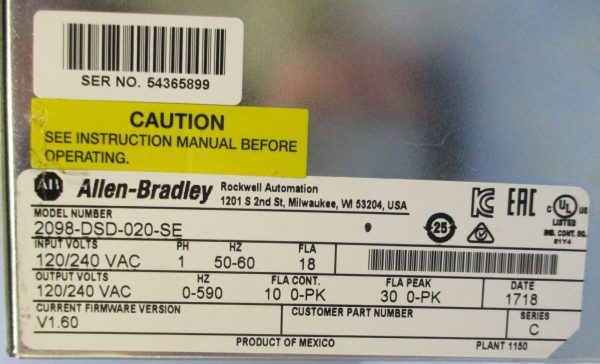 Allen Bradley Ultra 3000 Digital Servo Drive 2098-DSD-020-SE Ser C 120 240VAC Online now - Image 5