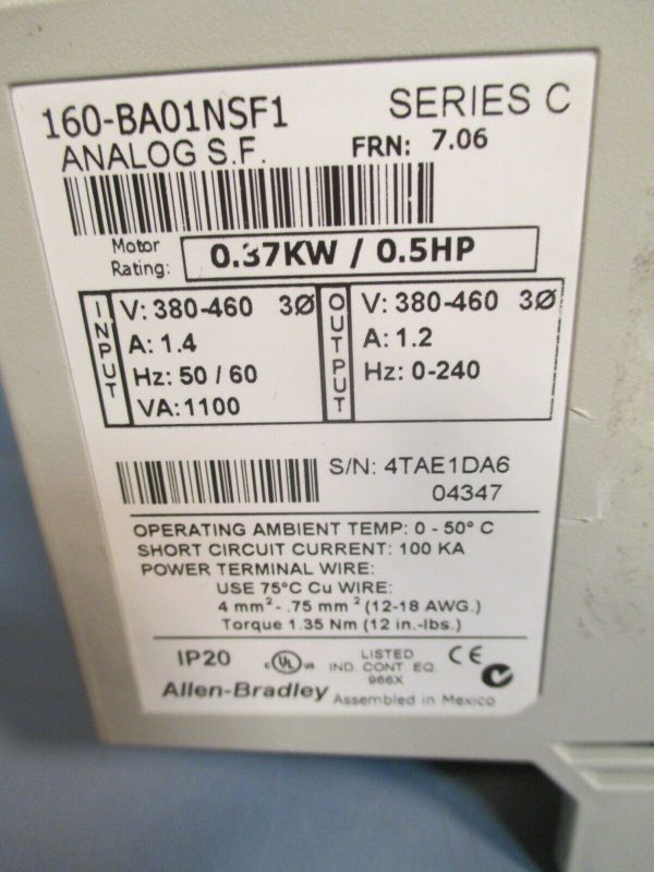Allen Bradley SSC Drive, Analog S.F. 0.5 HP FRN: 7.06 SER C 160-BA01NSF1 For Sale - Image 4