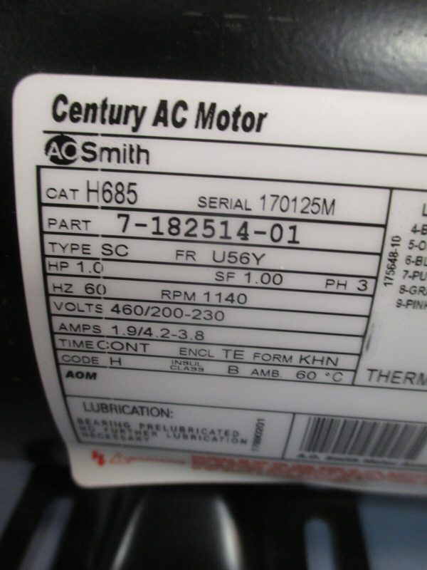 CENTURY AC MOTOR A.O. SMITH  1.0HP, 3 PH, 1.9 4.2-3.8Amp H685 Part# 7-182514-01 Fashion - Image 3
